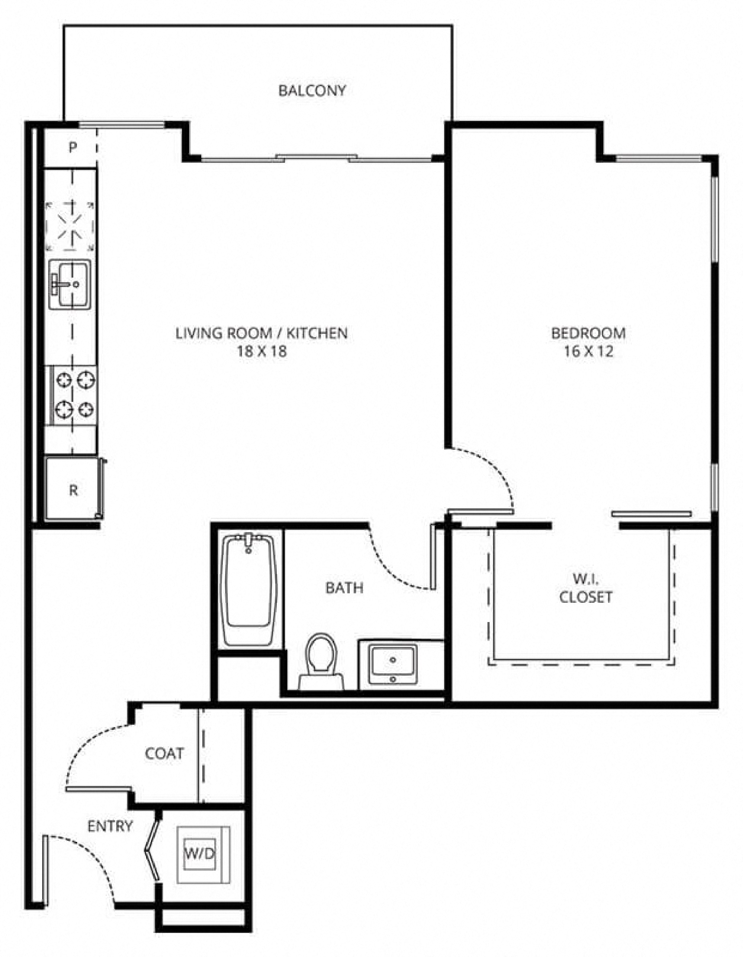 1 D2 - 1 Bedroom 1 Bath Floor Plan Layout - 810 Square Feet